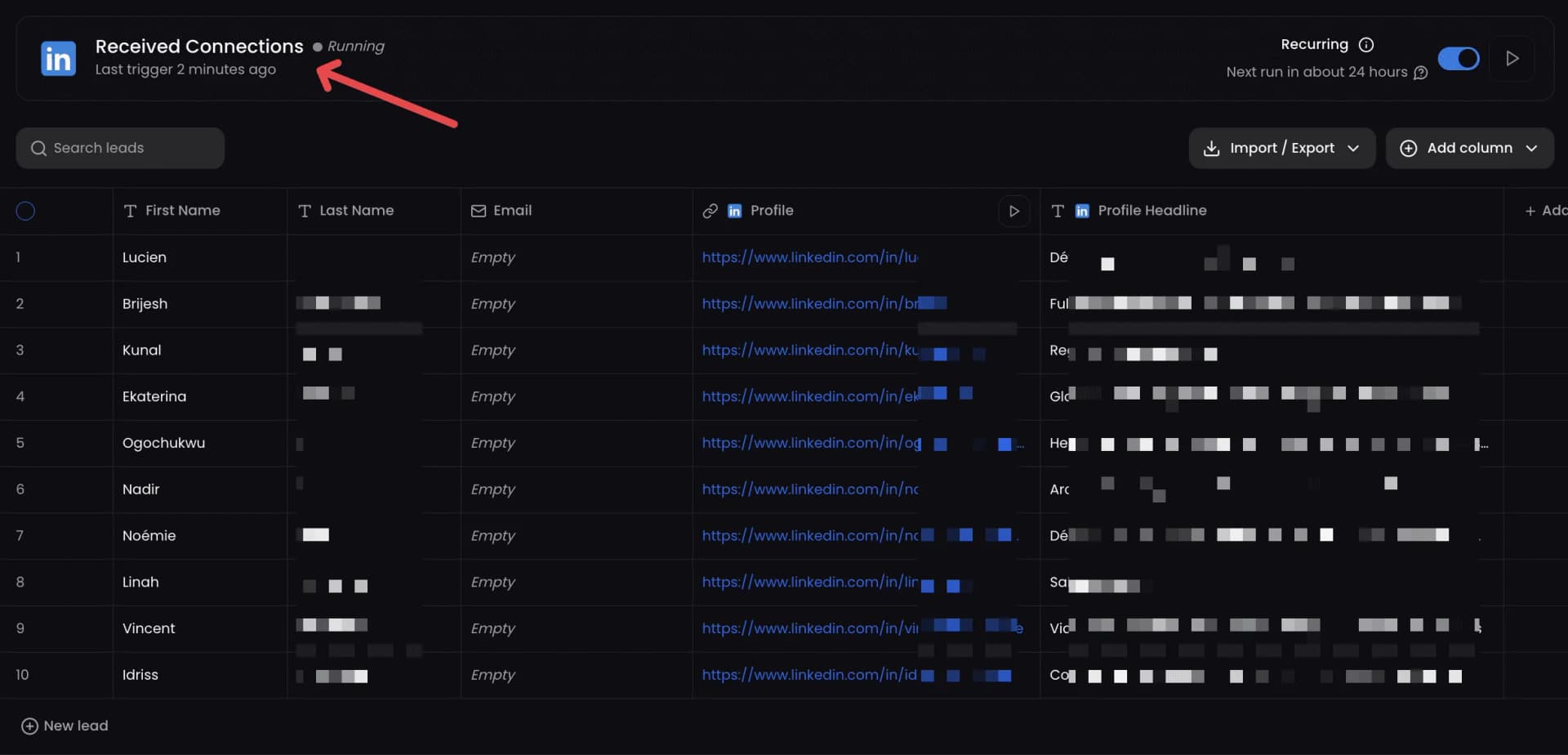 LinkedIn Received Connections leads table in ReactIn