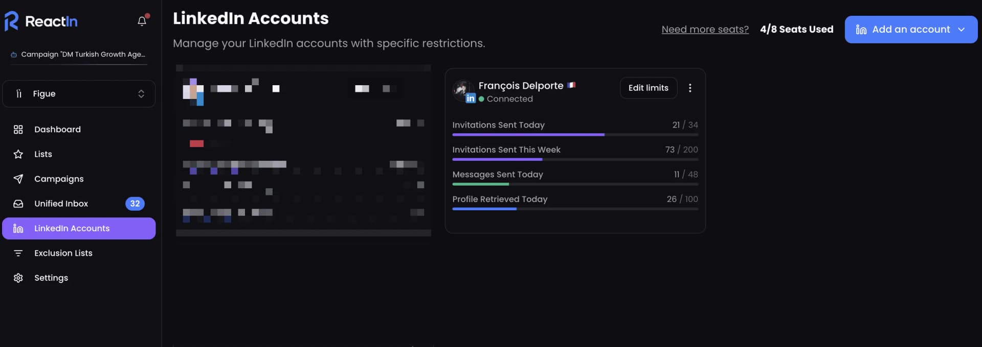 ReactIn safety limits settings for LinkedIn automation