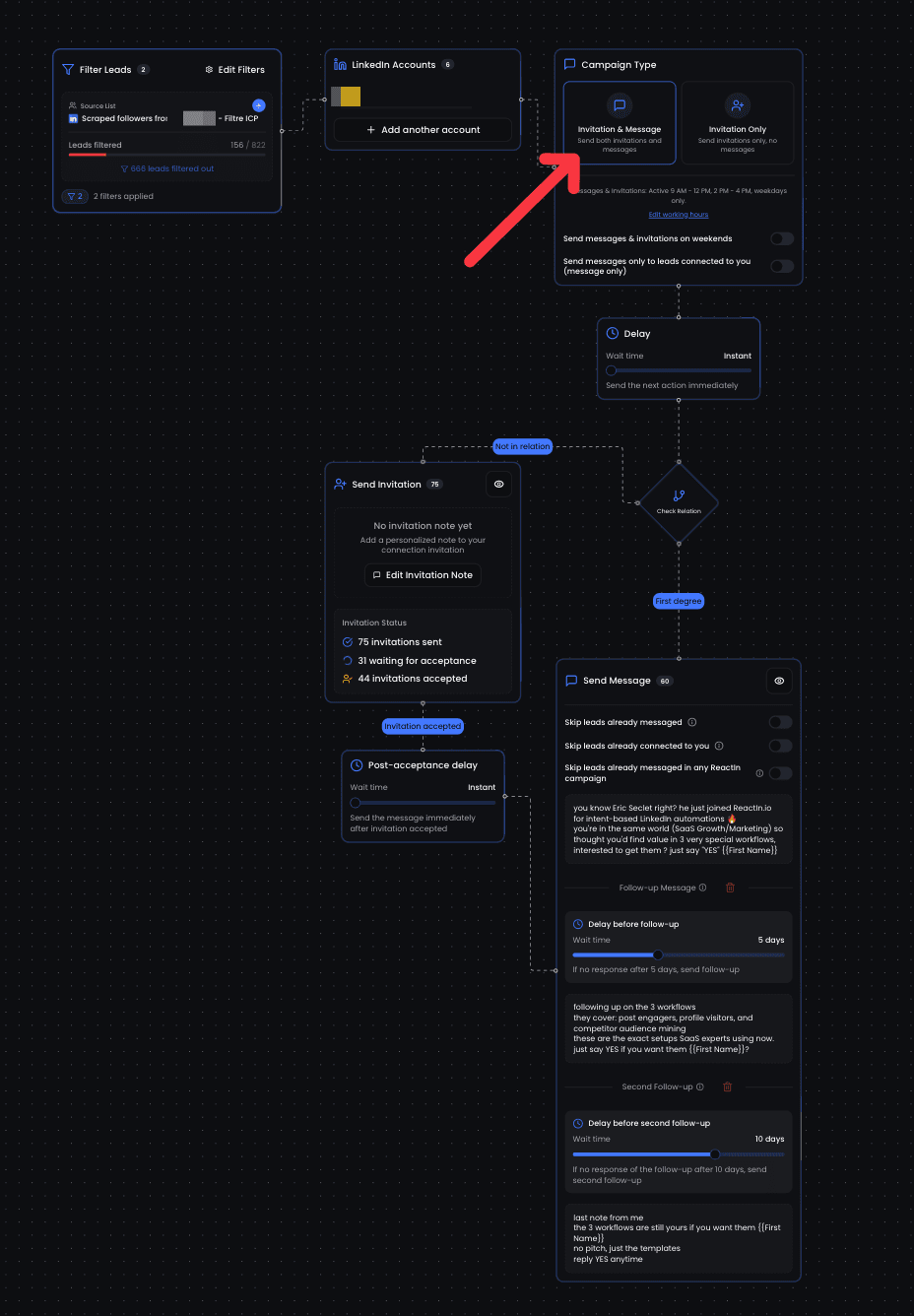 ReactIn multi-account campaign sequence builder for agencies