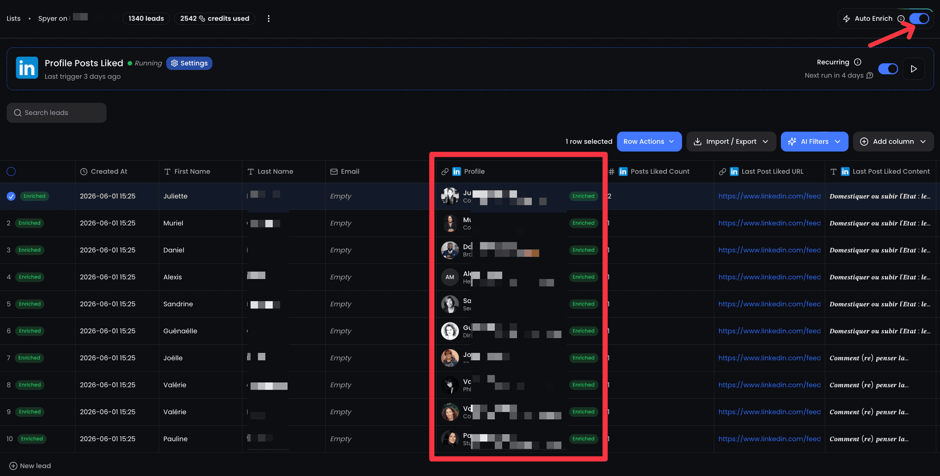 ReactIn lead enrichment panel displaying AI-enriched contact data including email, phone, and company insights