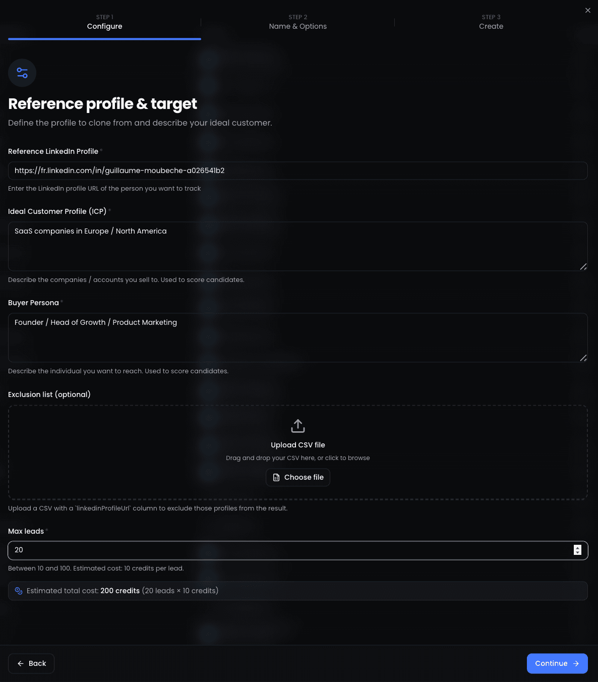 ReactIn lookalike audience builder showing matched prospect profiles based on seed customer criteria