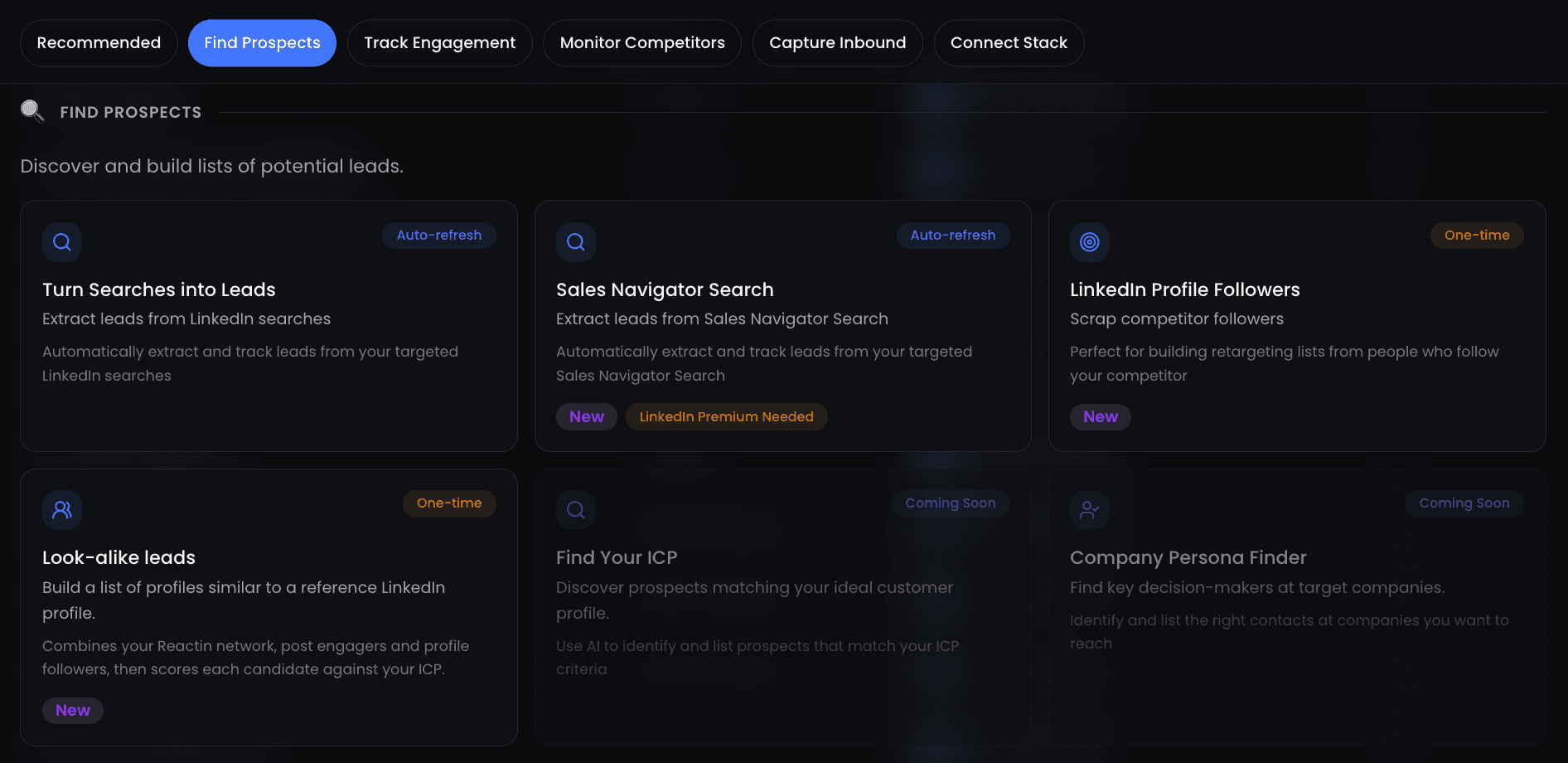 ReactIn SmartLists interface showing dynamic prospect lists with real-time intent triggers and filters