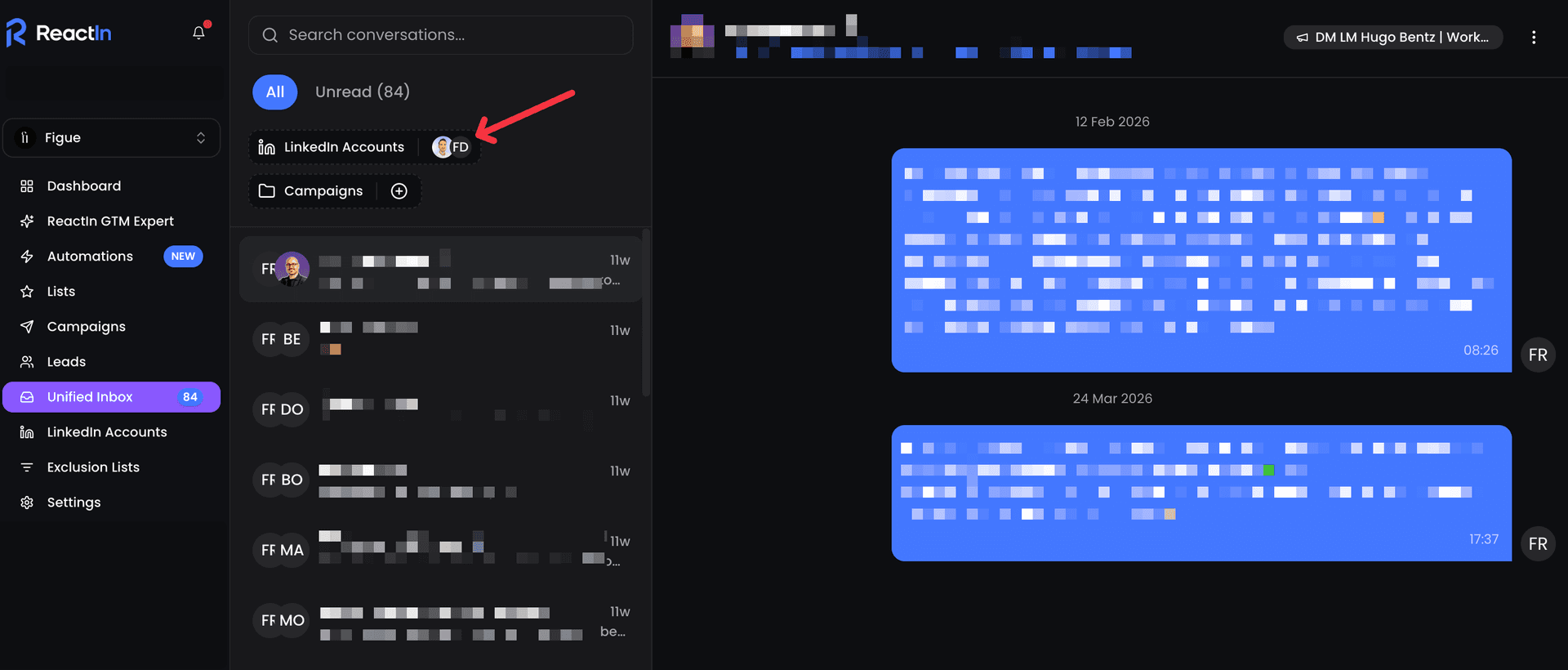 ReactIn unified inbox displaying new LinkedIn connections with automated welcome message sequences